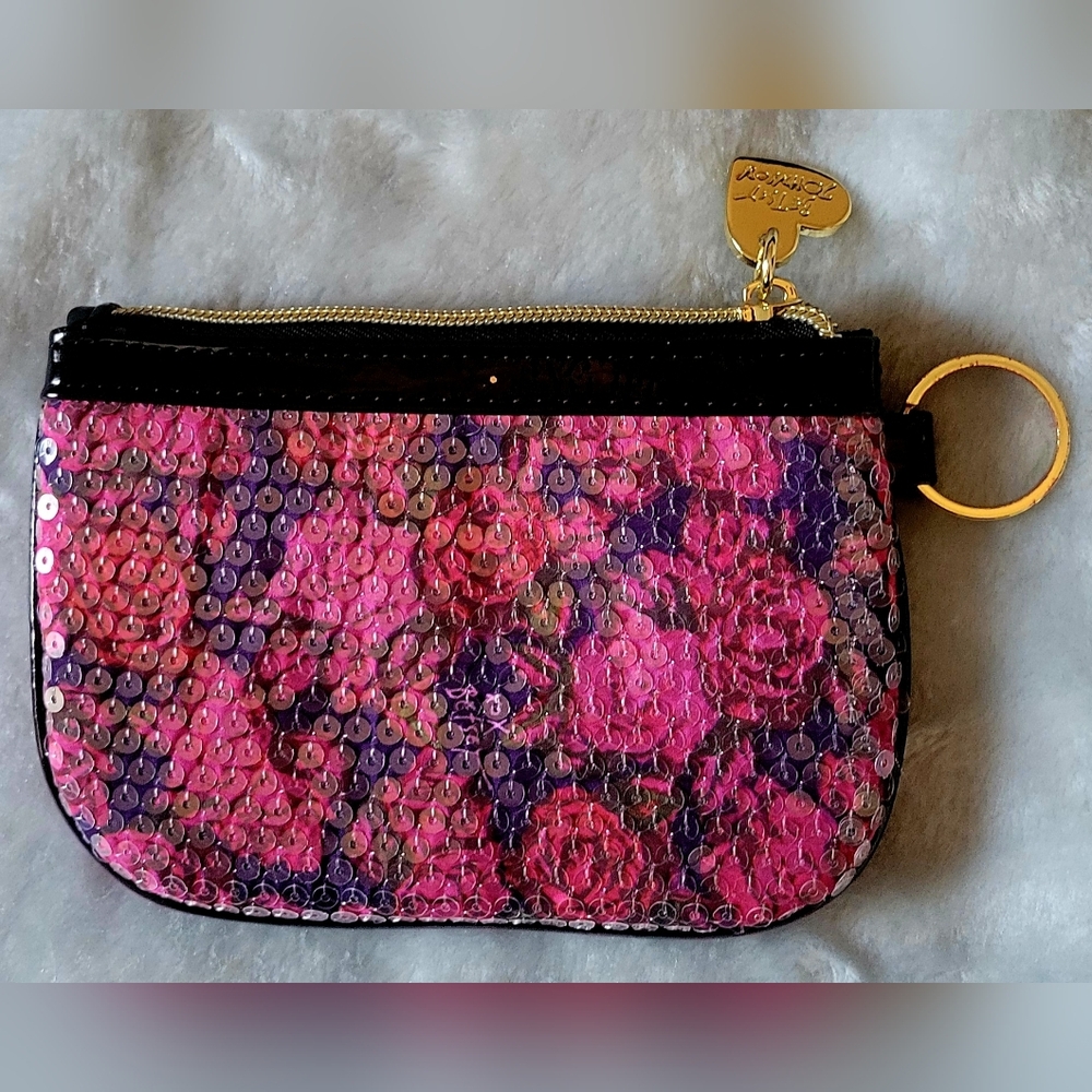 Betsey Johnson Pink and Black Floral Sequin Pouch - Picture 2 of 3